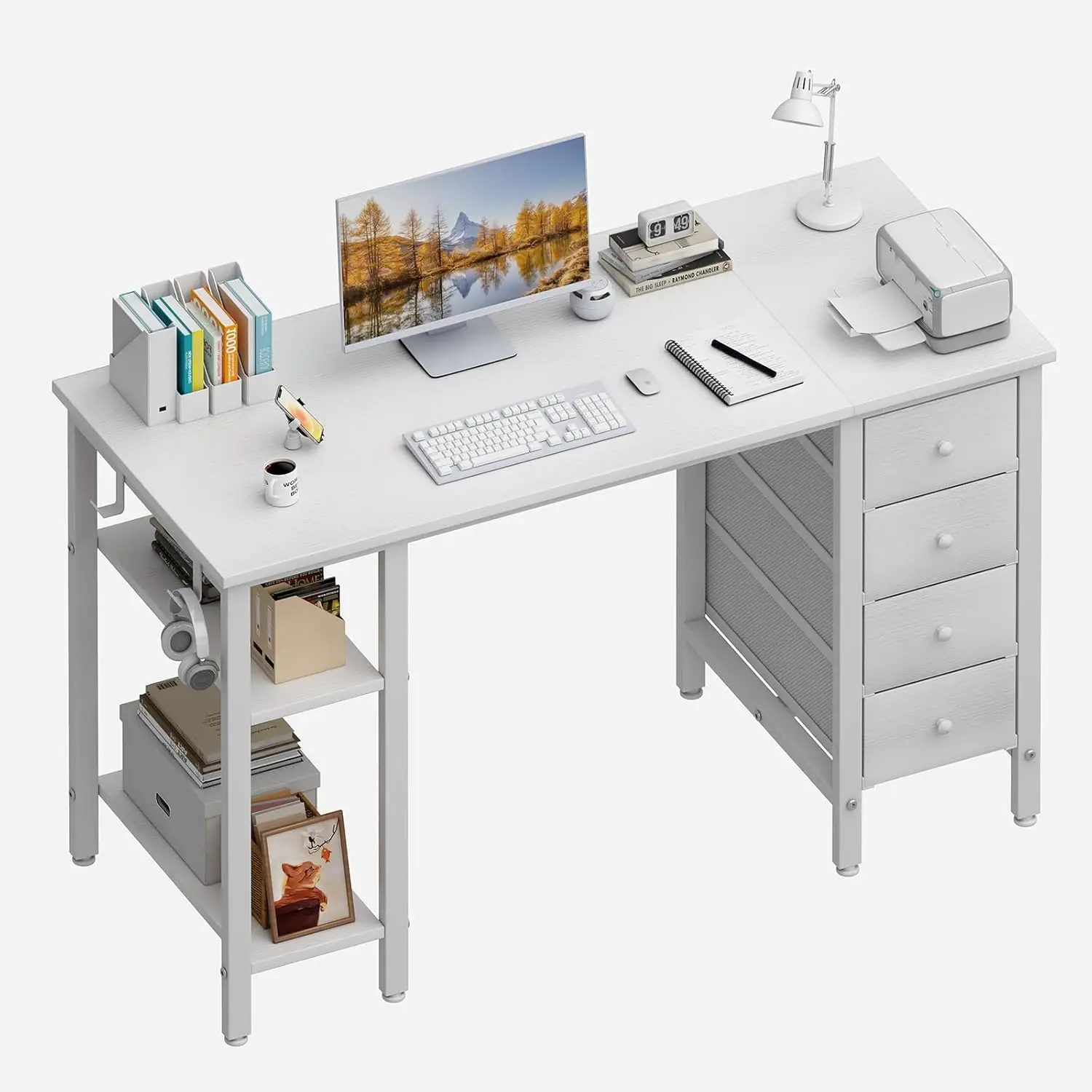 

White Computer Desk with Drawers & Storage Shelves, 47 Inch Study Work Writing Desk for Home Office Bedroom, White