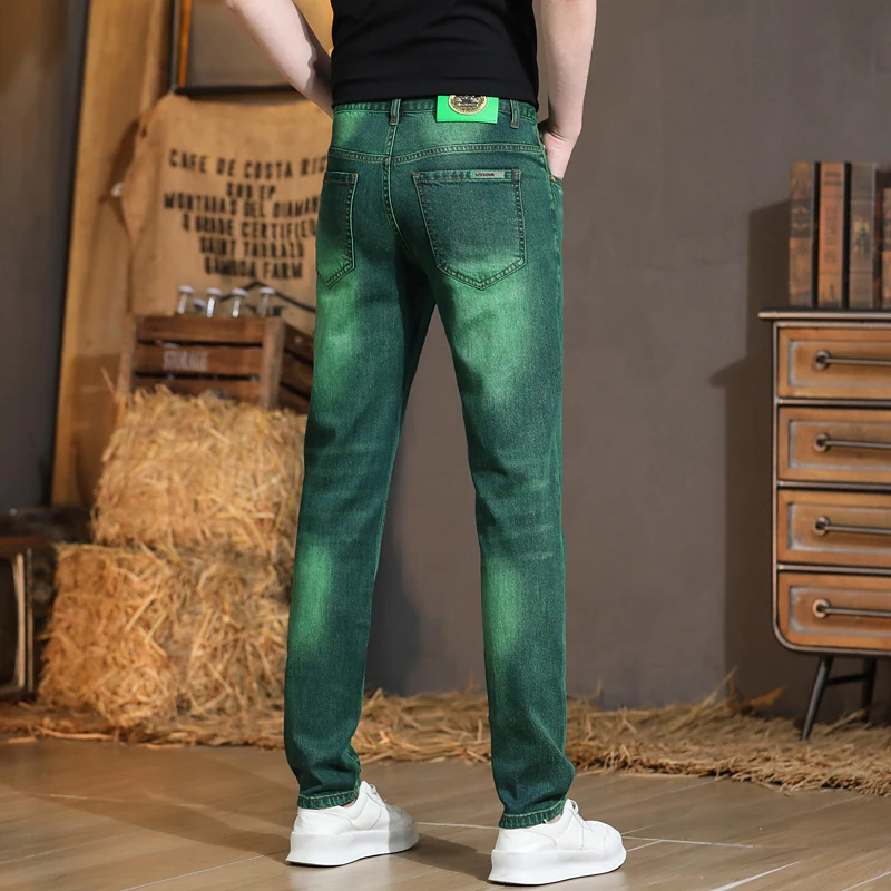 Light Luxury Men's Clothing Summer Fashion Trends Green Washed-out Vintage All-Match Stretch Slim Casual High-End Jeans Men