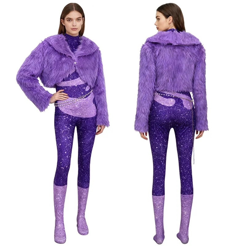

Crazy Animals Cosplay Costume Gazelle Cosplay Purple Plush Coat Fashion Glamorous Sparkly Stage Idol Uniform