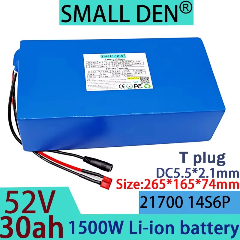 New 52V 30ah lithium battery pack, 21700 14S6P with built-in BMS, high-power 1500W rechargeable battery pack+58.8V2A3A5A charger