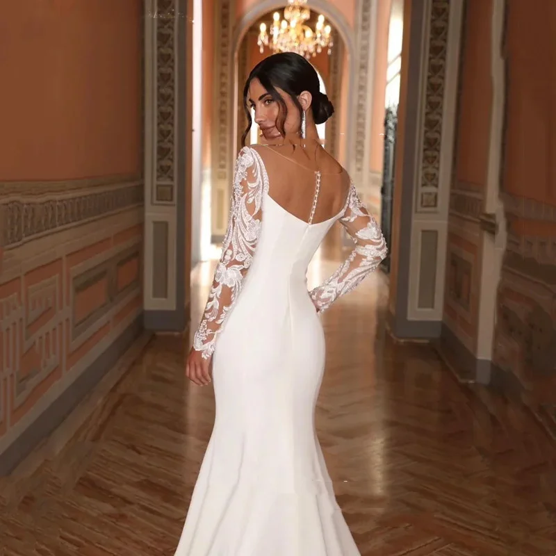 Flavinke personnalisé Boho dentelle Appliques Satin sirène robes de mariée bouton robe de mariée plissé manches longues balayage Train Vestido