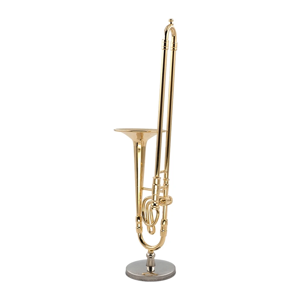 12cm Miniature Pure Copper Trombone Model with Support Mini Musical Instrument Model with Black Leather