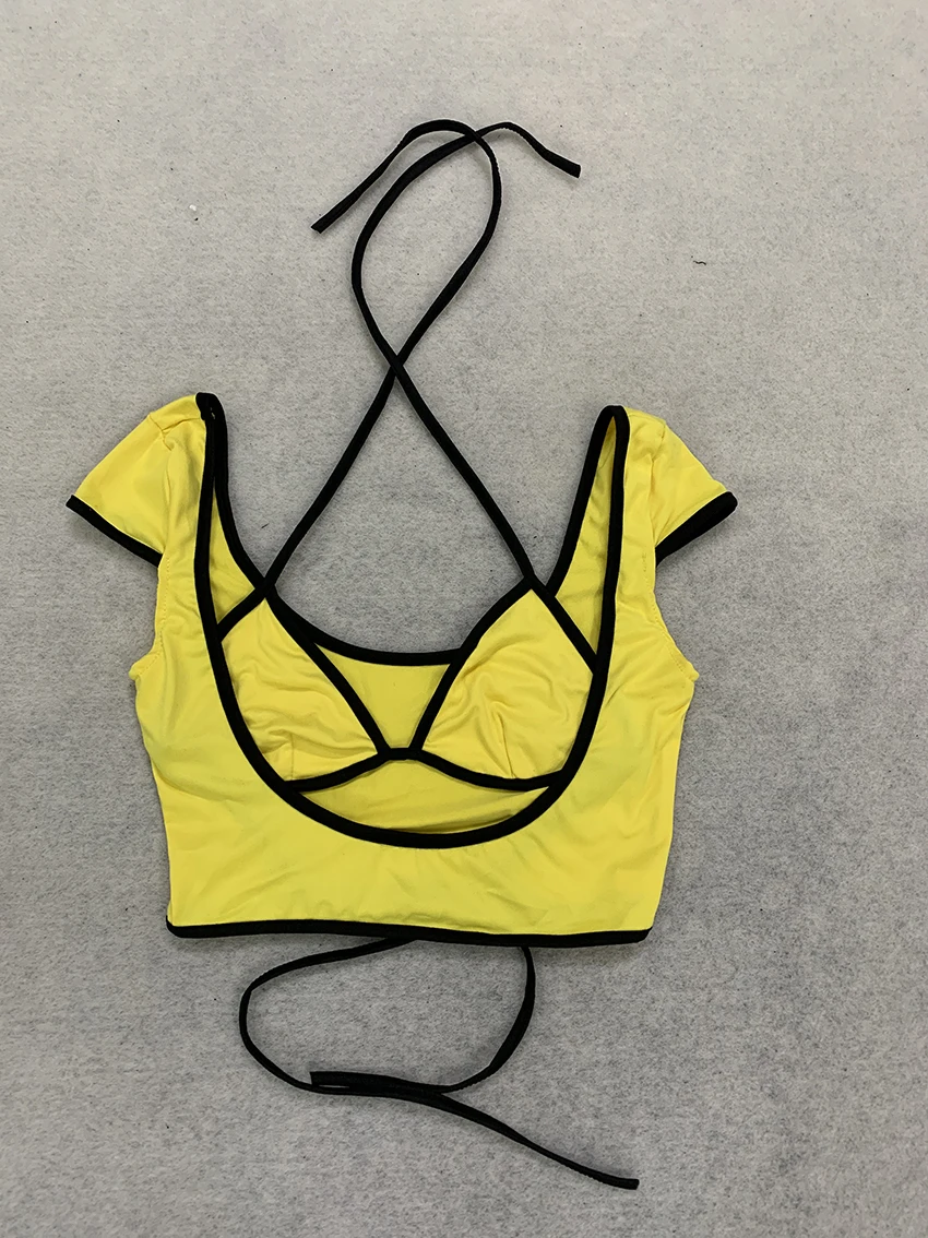 Y2K Gelb-Schwarz Verzierter 3-Teiliger Badeanzug, Neckholder-Bikini, Kurzarm-Crop-Top, Unterteil mit Bindeband, Sommer-Strandparty-Badeanzug für Damen – Detail 4