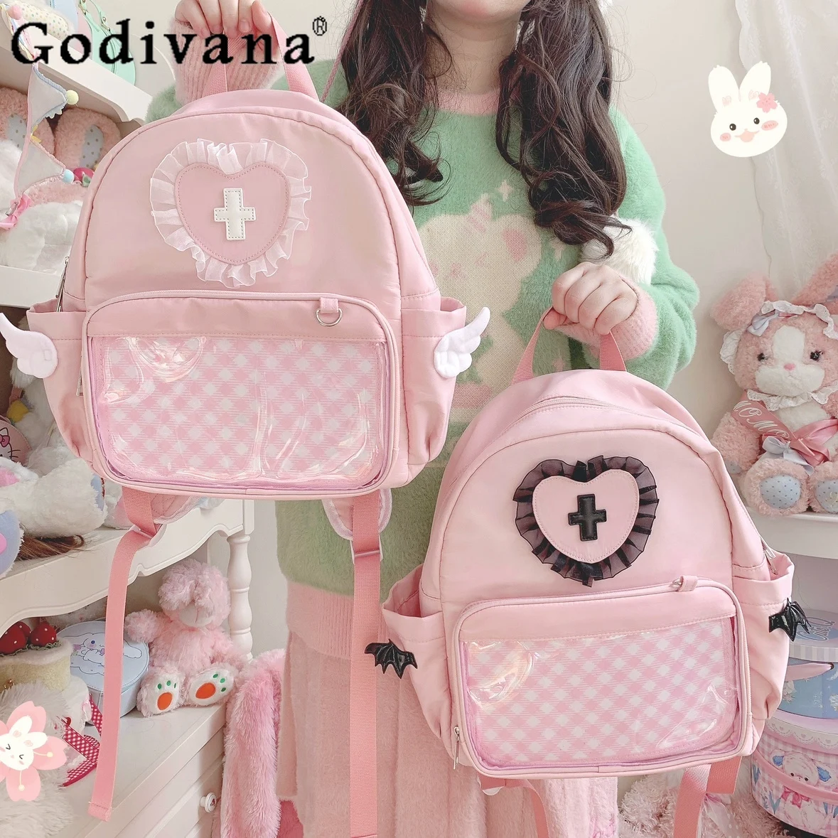 ミーンシリーズオリジナルロリータウォーターピンクダブルショルダーペインバッグ大容量和風女子大生JK制服スクールバッグ