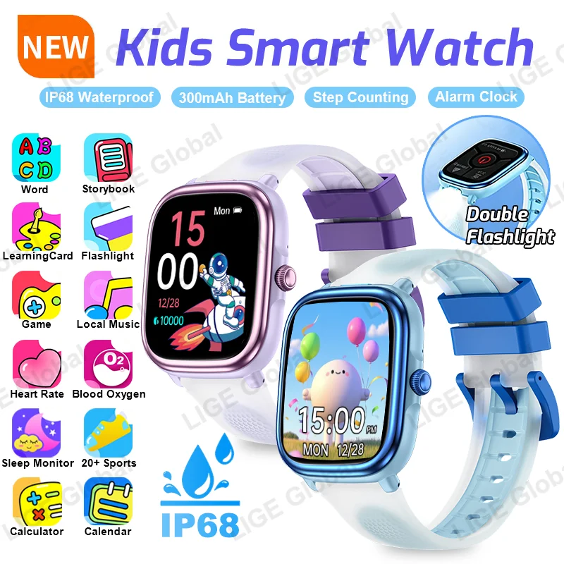 

LIGE новые детские обучающие умные часы, детские игры-головоломки, детские умные часы IP68, водонепроницаемый монитор здоровья, подарок для мальчиков и девочек