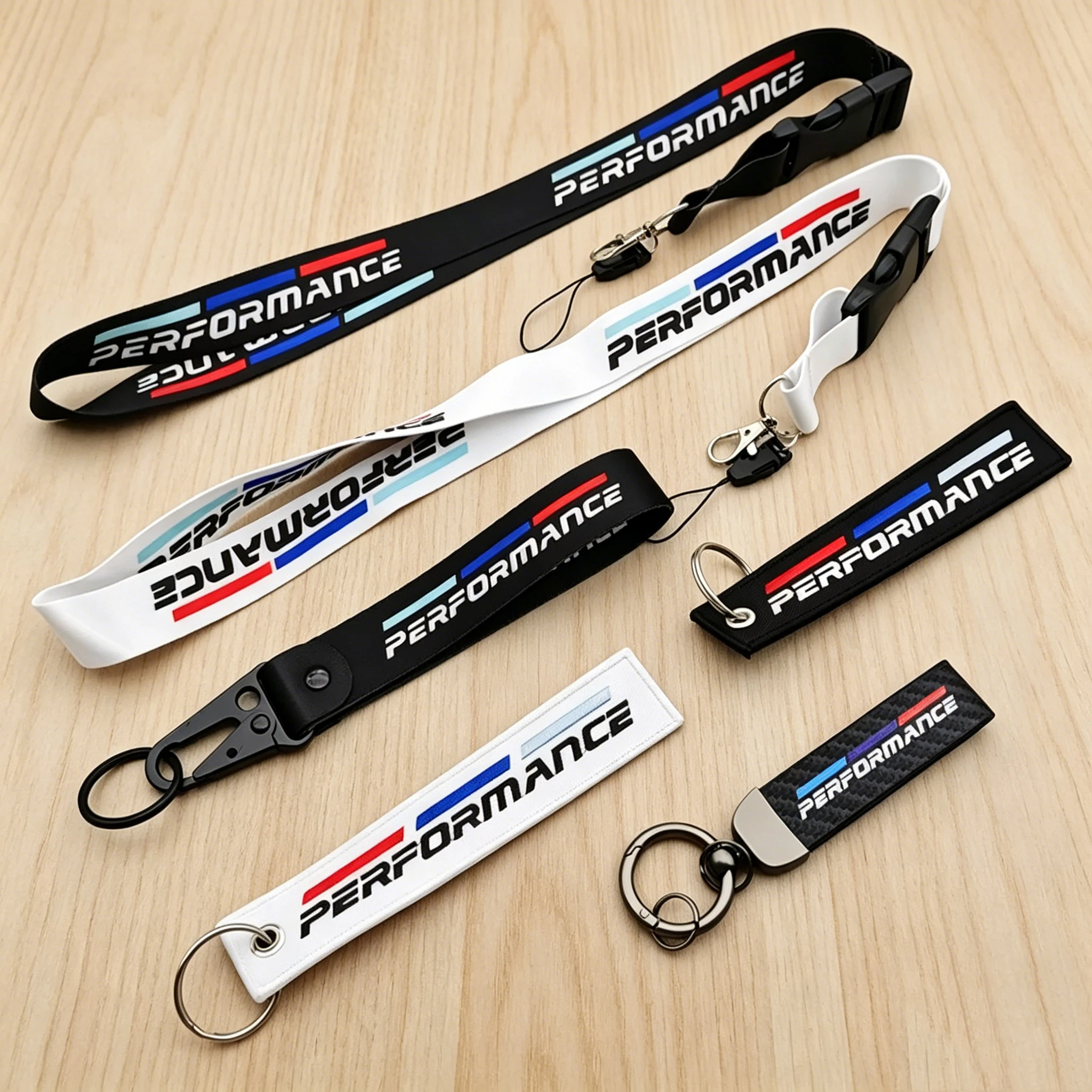1 unidad de llavero con cordón de nailon negro y blanco con emblema de rendimiento y logotipo impreso, estilo BMW M Performance E90 E60 E46, accesorios para coche