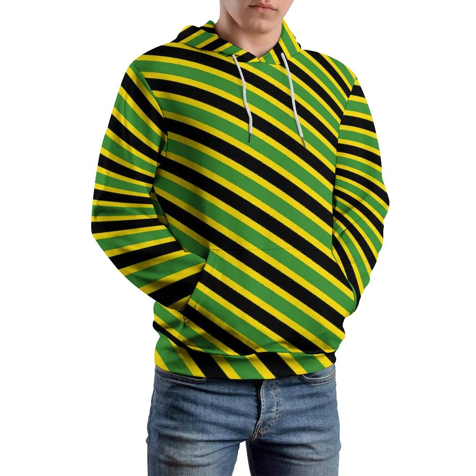 Jamaican Flag Casual Hoodies Long Sleeve Striped Print Kawaii Pullover Hoodie Winter Loose Pattern Oversized Hooded Sweatshirts