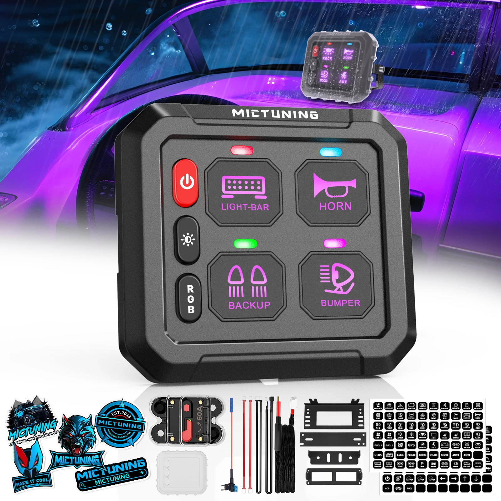 MICTUNING RGB 4 Gang Switch Panel On-Off Toggle Switch Momentary Circuit Control  Box Universal Pod Touch for Truck SUV Boat Car