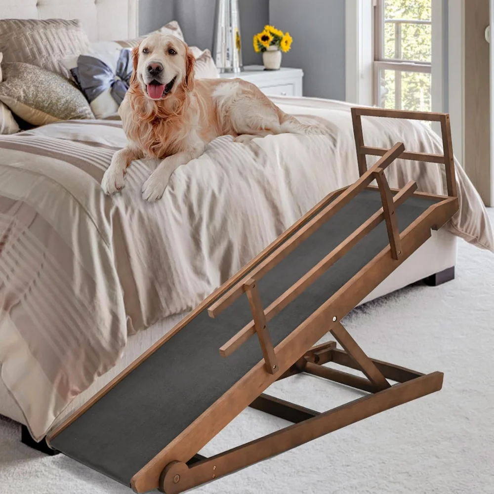 

Dog Ramp, Folding/Portable/Rubber Mat High Traction/Natural Wood/5 Adjustable Levels, 55.1" Long for High Bedr
