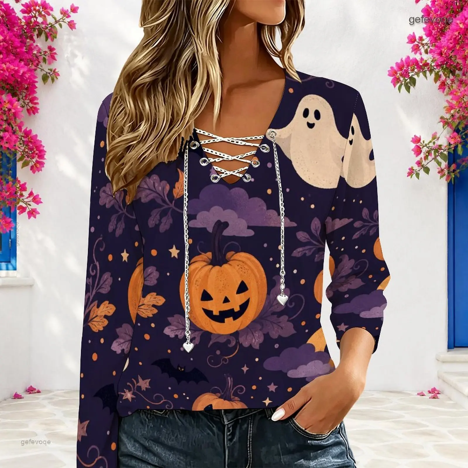 Women V Neck Long Sleeve Top Metal Chain Criss Cross Lace Up Cutout Loose Casual Blouse Custom Print Ladies Western Style Tee - view 3