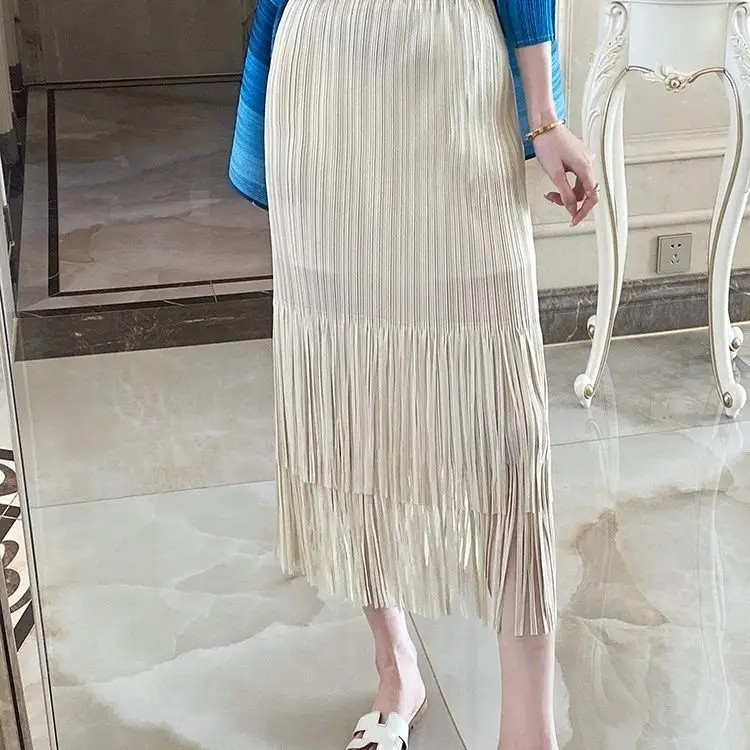 Pleated drape pleated skirt for women with high waist and slim fringed skirt, solid color skirt, spring/summer 2023