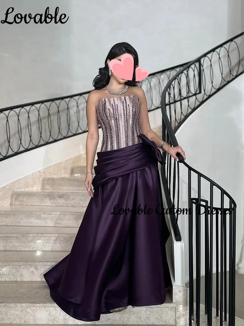 Hochzeits-Partykleid, individuell anpassbar, A-Linie, trägerlos, Traube, bodenlang, Perlenverzierung, luxuriöse Abendkleider, ärmellose Kleider mit Reißverschluss F