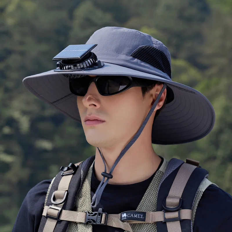 Nueva gorra de ventilador Solar de verano, sombrero de cubo de secado rápido para hombres, gorra de protección solar de pesca fresca al aire libre, sombrero de pescador de ala grande para hombre