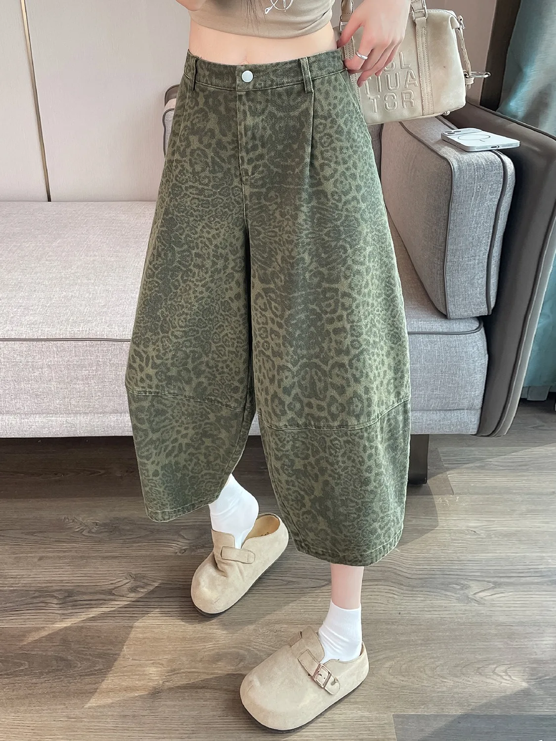

American Retro Military Green Leopard Print Design Eighteen Knife Wide Leg Jeans High Waist Slimming Women's Summer Jeans