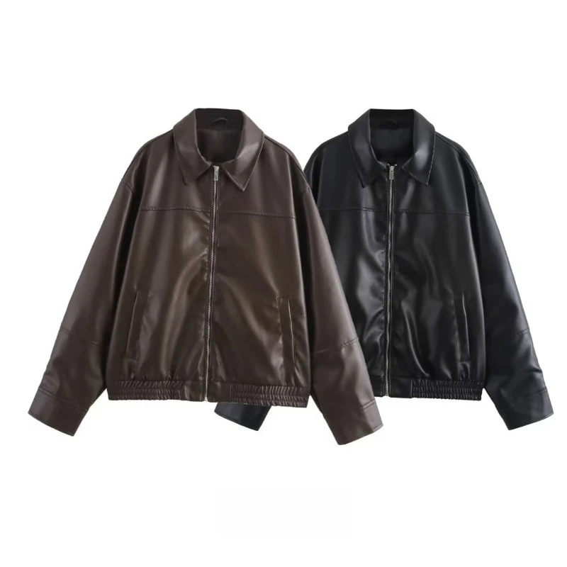 Women 2026 Autumn Winter New Hot Selling Fashion Solid Color Faux Leather Bomber Zip Up Lapel Collar Design Trendy Chic Jacket