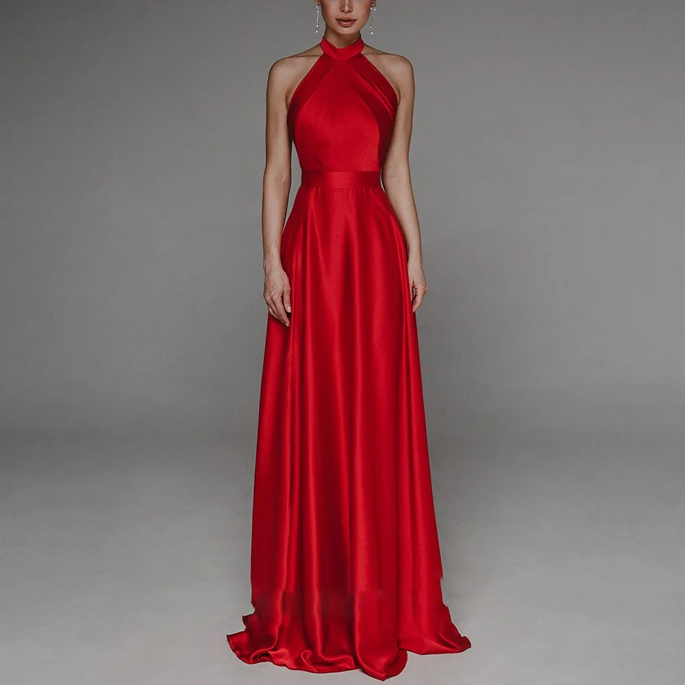 

Luxury Red Satin Wedding Prom Dress Sleeveless Floor Length Dinner Party Dresses For Women Vestidos De NoCheCurvy Para Mujer
