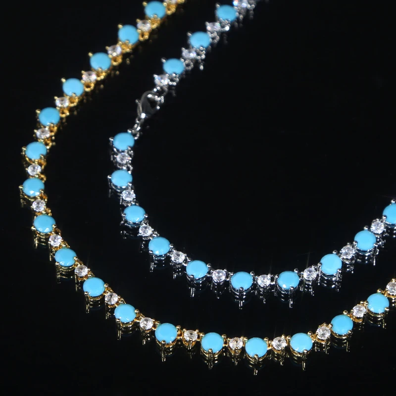 Summer Hot Selling 16 Inches Luxury Women Choker Clear 5A CZ Blue Turquoises Prong Set Tennis Chain Necklace