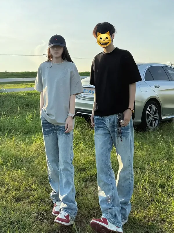 

Мужские джинсы Waed Denim: летние, в американском ретро-стиле, с принтом молнии, прямые, свободного кроя, длинные брюки, средняя посадка, на молнии