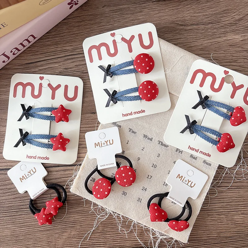 Korean Red Heart Hair Clips & Scrunchies Set 2