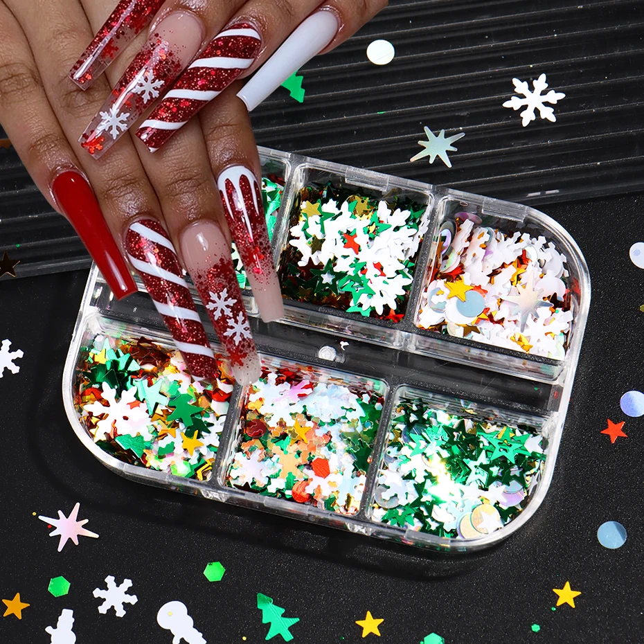6 Grids Christmas Nail Sequins Mixed Snowflakes, Christmas Trees, Stars, Snowmen, Hexagon Nail Glitter Sparkle Nail Decorations