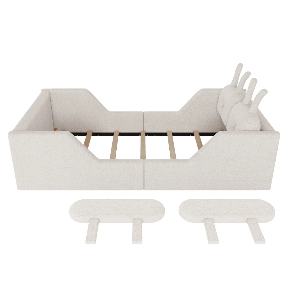Twin Size Kids Upholstered Bed:Rabbit Cushion, Removable Rails, White (Arrival 2025/1/15)