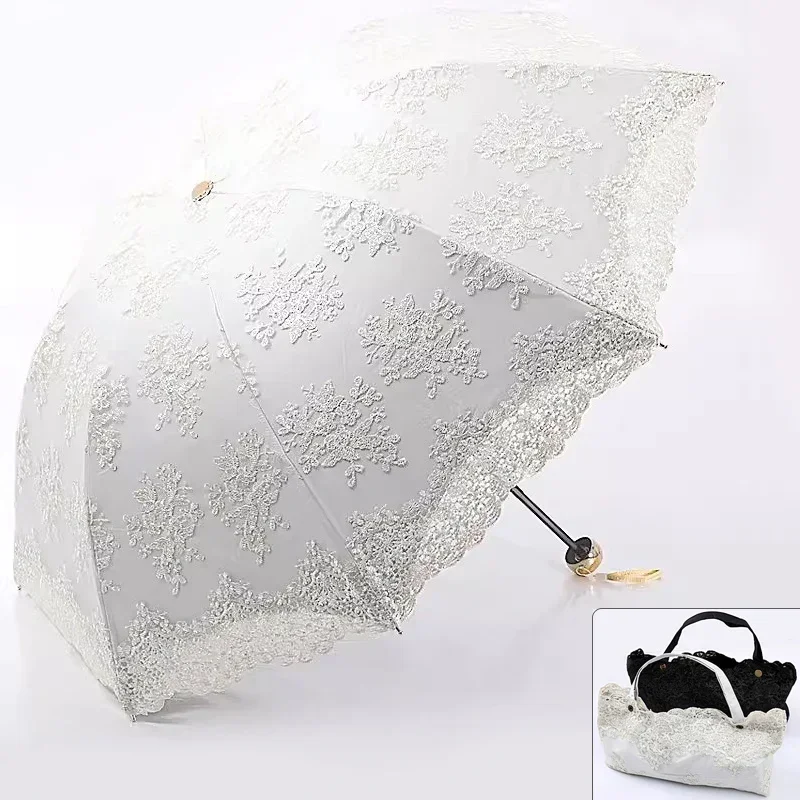 

Lace Sun Rain Umbrella Fashionable Black Coating Sunscreen Sunshade Princess Lady Compact Travel Waterproof Parasol Portable