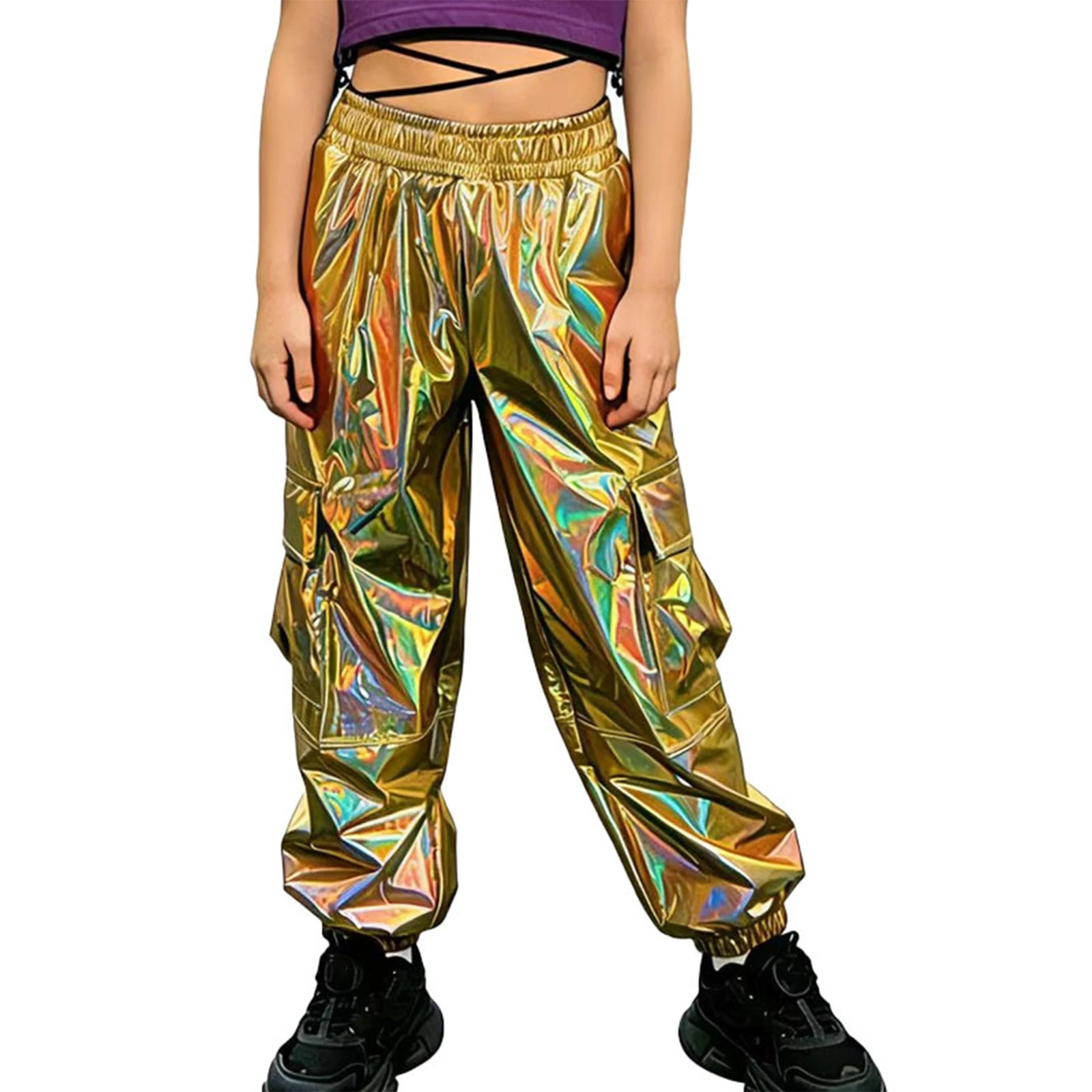 Kids Girls Hip Hop Jazz Dance Trousers Pants Elastic Waist Colorful Metallic Shiny Cargo Pants with Pockets for Performance