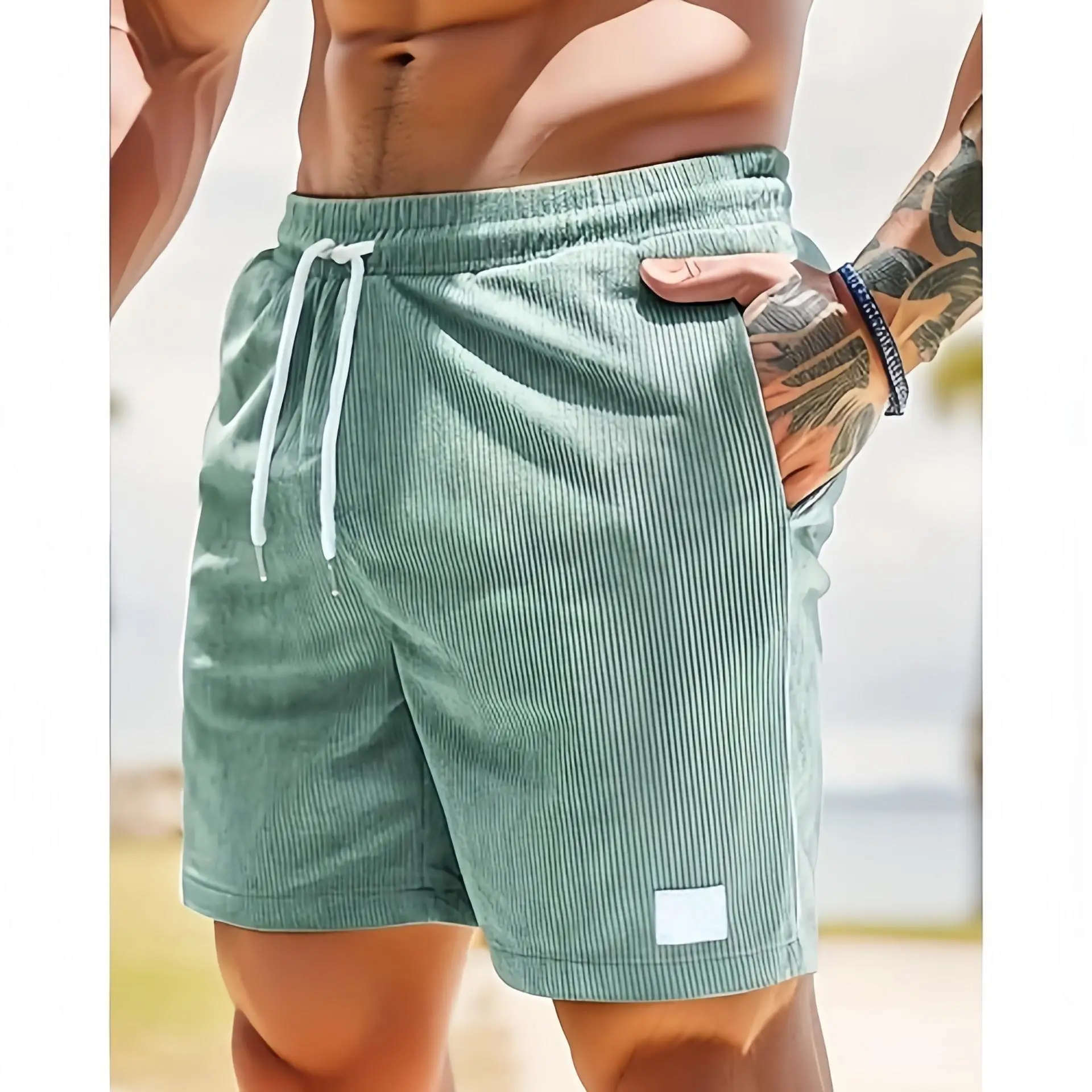 

Summer Running orts Men's Street Sle Casual Linen Anti-Light Leakage Breathable Qui-Drng Five-Quarter Length Military...