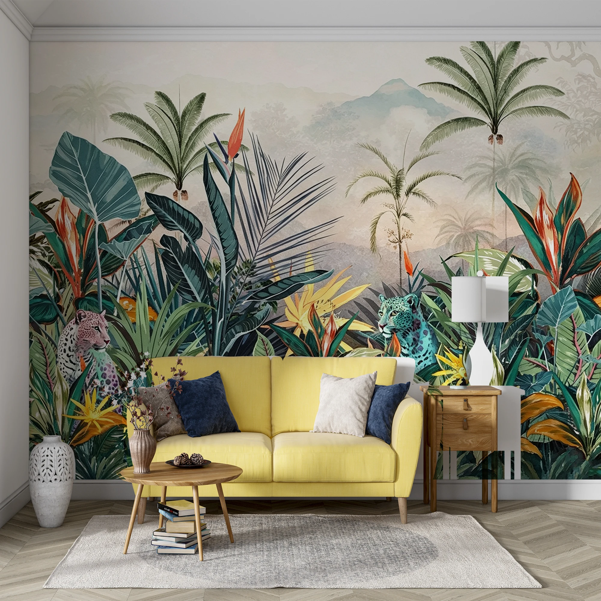 Customized 3D Exotic Jungle Leopard Wall Mural Tropical Palm Leaf Floral  Wallpaper For Living Room Bedroom Home Wall Decor