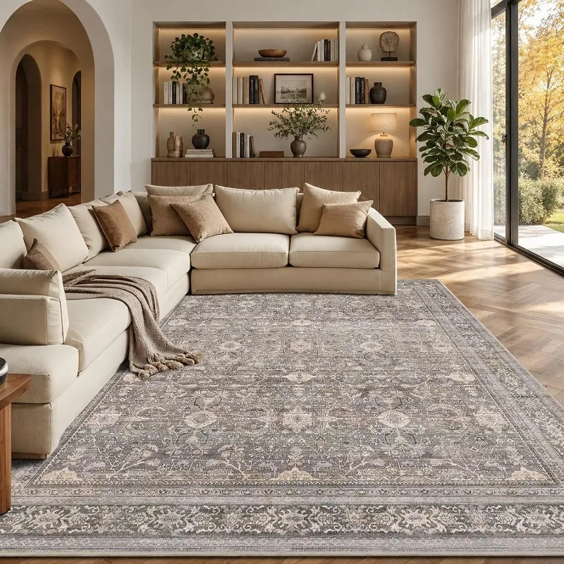 Vintage Persian Distressed Carpet for Living Room Mid-century Cream Style Rug Washable Anti-slip Floor Mat for Bedroom Sofa