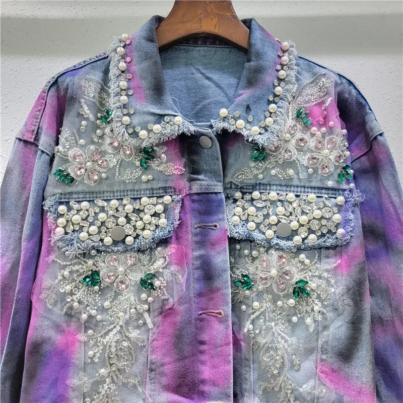 Fashion Painted Beaded Diamond Denim Jacket Women 2024 Autumn New Street Hipster Loose Long Sleeve Short Coats Female Top