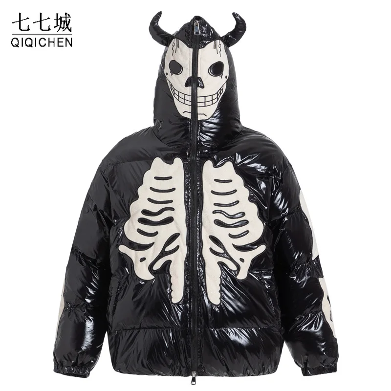 

Winter Black Parkas Men Vintage Waterproof Devil Horn Skull Bone Patch Thick Warm Jacket High Street Oversize Padded Coat Unisex