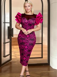 Women Vintage Printed Party Dress O Neck Short Tierred Sleeve Package Hip Plus Size Gowns Wedding Birthday Evening Event Robes