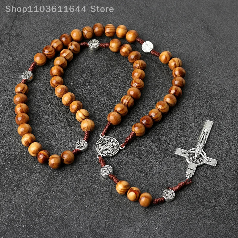 الخشب الخرز الوردية الصليب قلادة للنساء الرجال المسيحية مريم العذراء INRI سلسلة بدلاية مجوهرات الدين الموضة