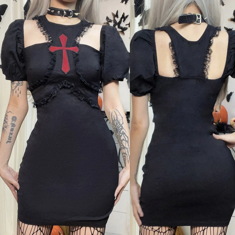 

Women's Puff Sleeves Dress Slim Bodycon Dress Cross Black Dress Goth Punk Dress Cocktail Party Dress Cosplay Mini Dress