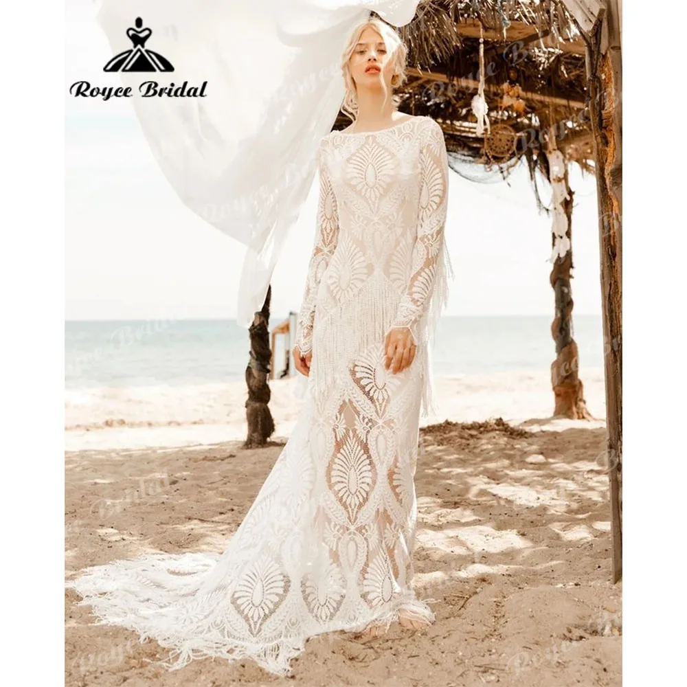 Robe de mariée sirène en dentelle avec pompons romantiques, style Boho, chic et Sexy, à manches longues, sur mesure, 2023