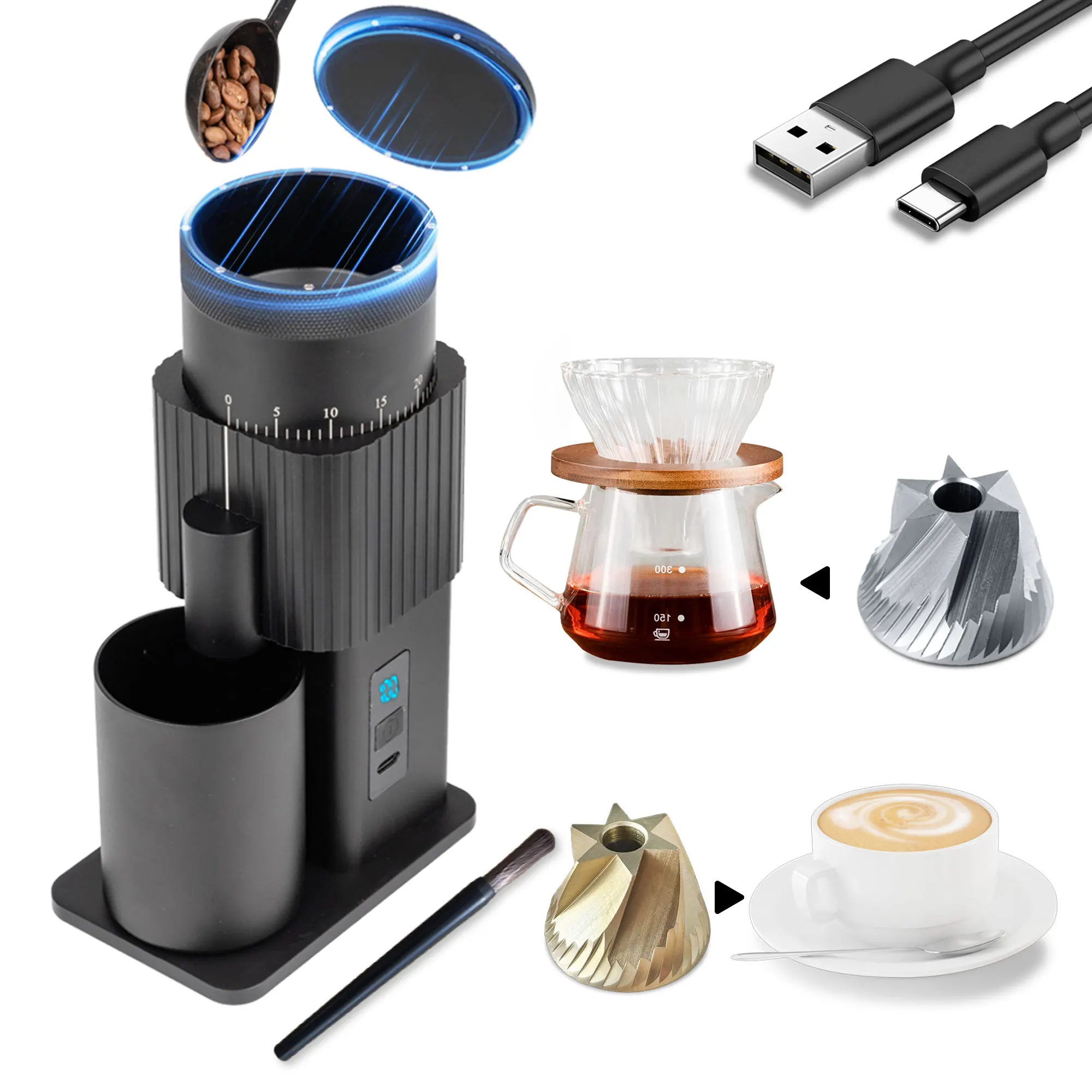 

Portable Electric Coffee Grinder with Replaceable Burrs USB Rechargeable Espresso & Coffee Bean Grinder for Home Travel Camping