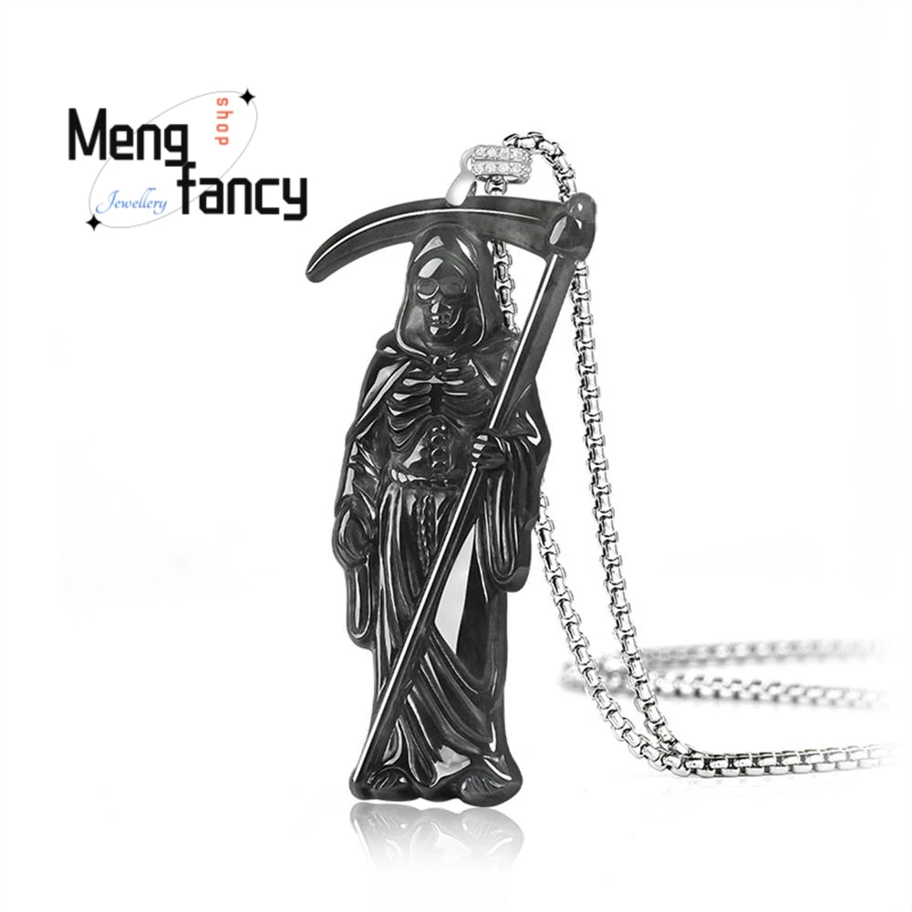 

Natural Burmese A-grade Jadeite Black Jade Skeleton Death Reaper Pendant S925 Silver Buckle Personalized Hip-hop Fashion Jewelry