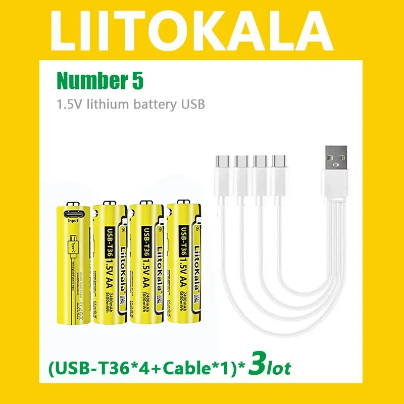 12pcs LiitoKala USB-T36 AA 1.5V 3600mWh rechargeable battery aa supports direct charging of C-line Pilas rechargeable battery