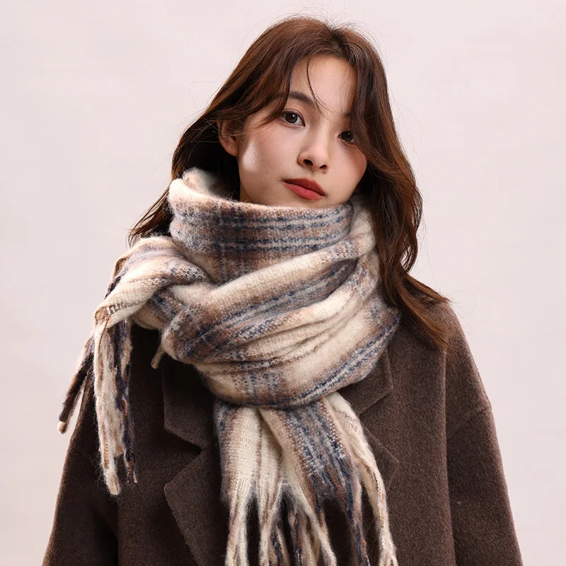 

New Mohair Plaid Scarf Women Fluffy Faux Fur Winter Warm Shawl Korean Style Thick Tartan Check Hijab Luxurious Fuzzy Neck Warmer