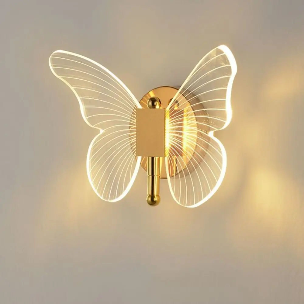 Borboleta conduziu a lâmpada de parede interior moderno metal acrílico 110v-220v com fio lâmpada de parede tricolor ajuste cabeceira luz de parede arandelas