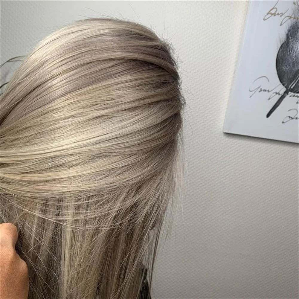 Highlight Blonde Wig Ash Rooted Long Straight Lace Front Wig Synthetic Pre Plucked Heat Resistant Fiber for Women Small Cap Size