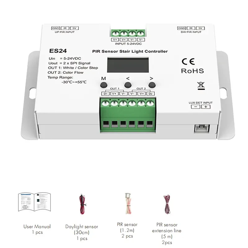 5-24VDC PIR Sensor 24 Steps Stair Light Controller ES24 24CH Single Color RGB Pixel SPI Stairway Light Led Controller