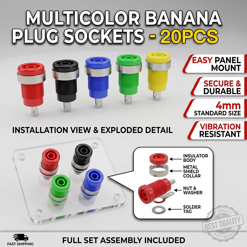 20PCS 4mm Banana Socket 32A Panel Mount Female Connectors – Insulated Safety Binding Post Jacks in 5 Colors for DIY Projects
