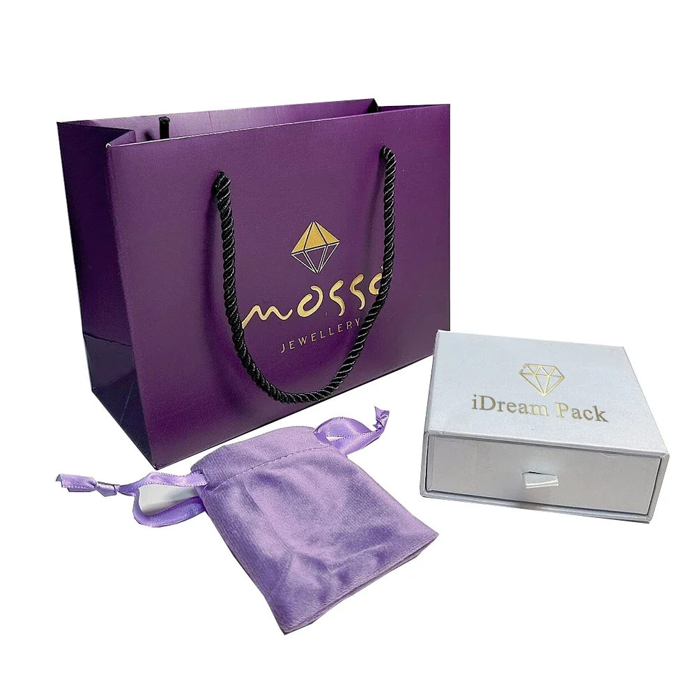 Custom Luxury purple embossed logo black jewelry gift shopping paper bags small velvet pouch and white drawer paper box