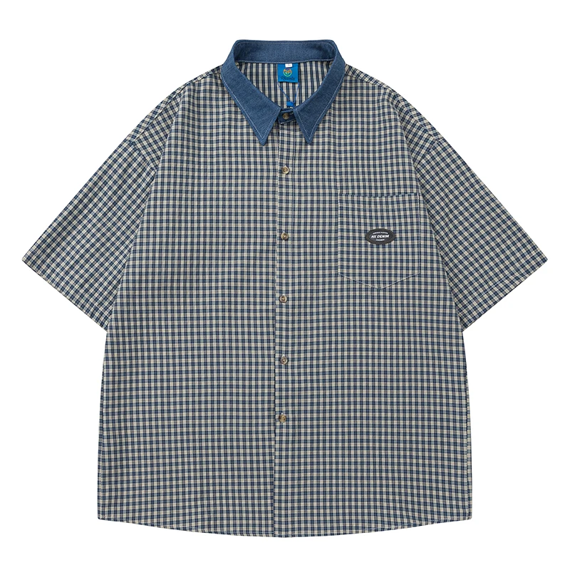 

Denim Patchwork Turn Down Collar Plaid Blouse for Women 2023 Summer Short Sleeve Preppy Style Korean Top Man's Plaid Shirts