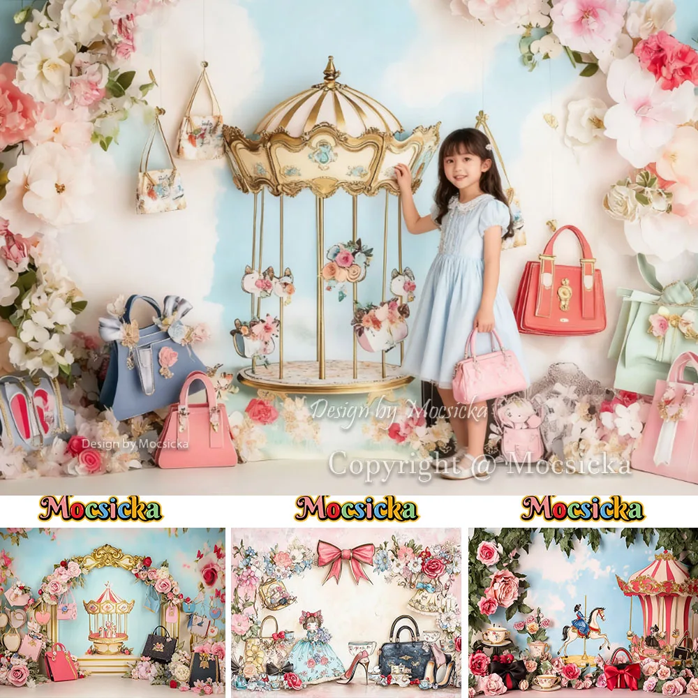 

Mocsicka фон для дня рождения для девочек, фотография, цветочная сумочка, карусель, фон для чаепития, декор для детского шоу, фотостудия