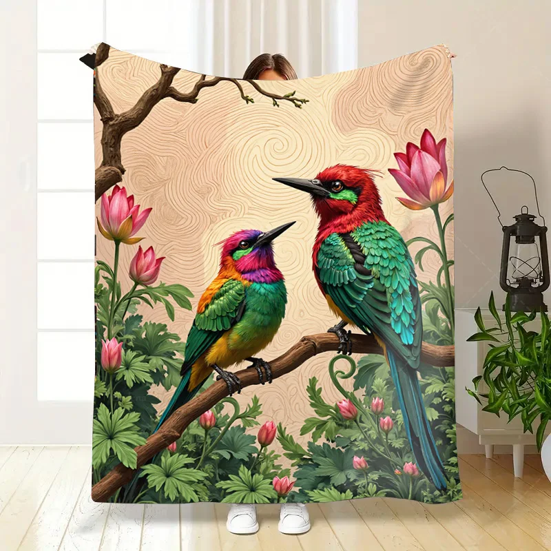1pc 플란넬 담요 활기찬 새와 꽃 홈 장식을 위한 아늑한 담요