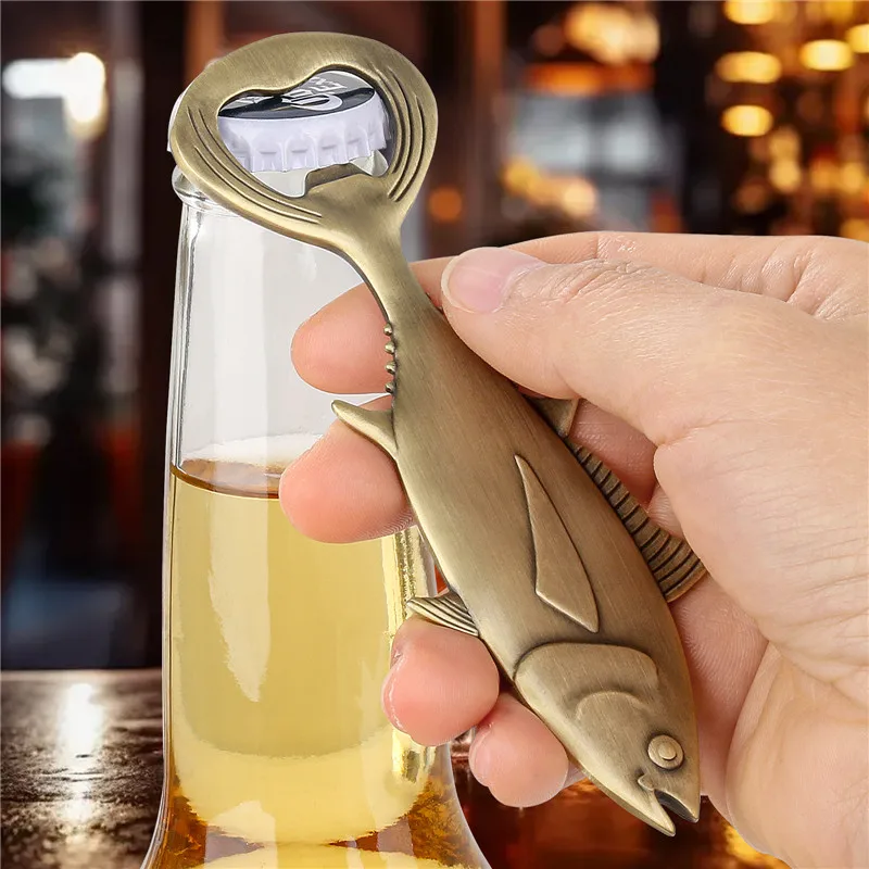 Creative Tuna Fish Shape Metal Bottle Opener Beer Soda Corkscrew Openers for Club Kitchen Bar Wedding Party Gift Set with Bag