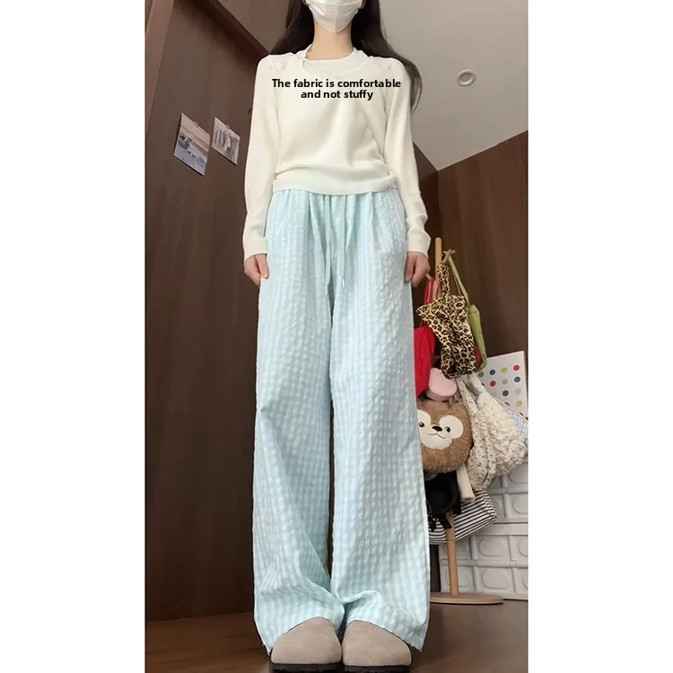 Salted Sea Blue Casual Pants Women's Spring Summer New Sle Slimming Versatile Lazy Wide Leg Pants Sweet Sle High Waist St...